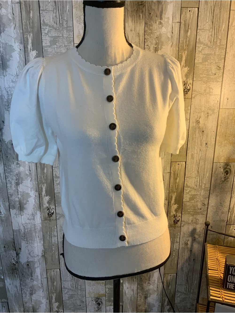 White Puff Sleeve Button-Front Knit Cardigan